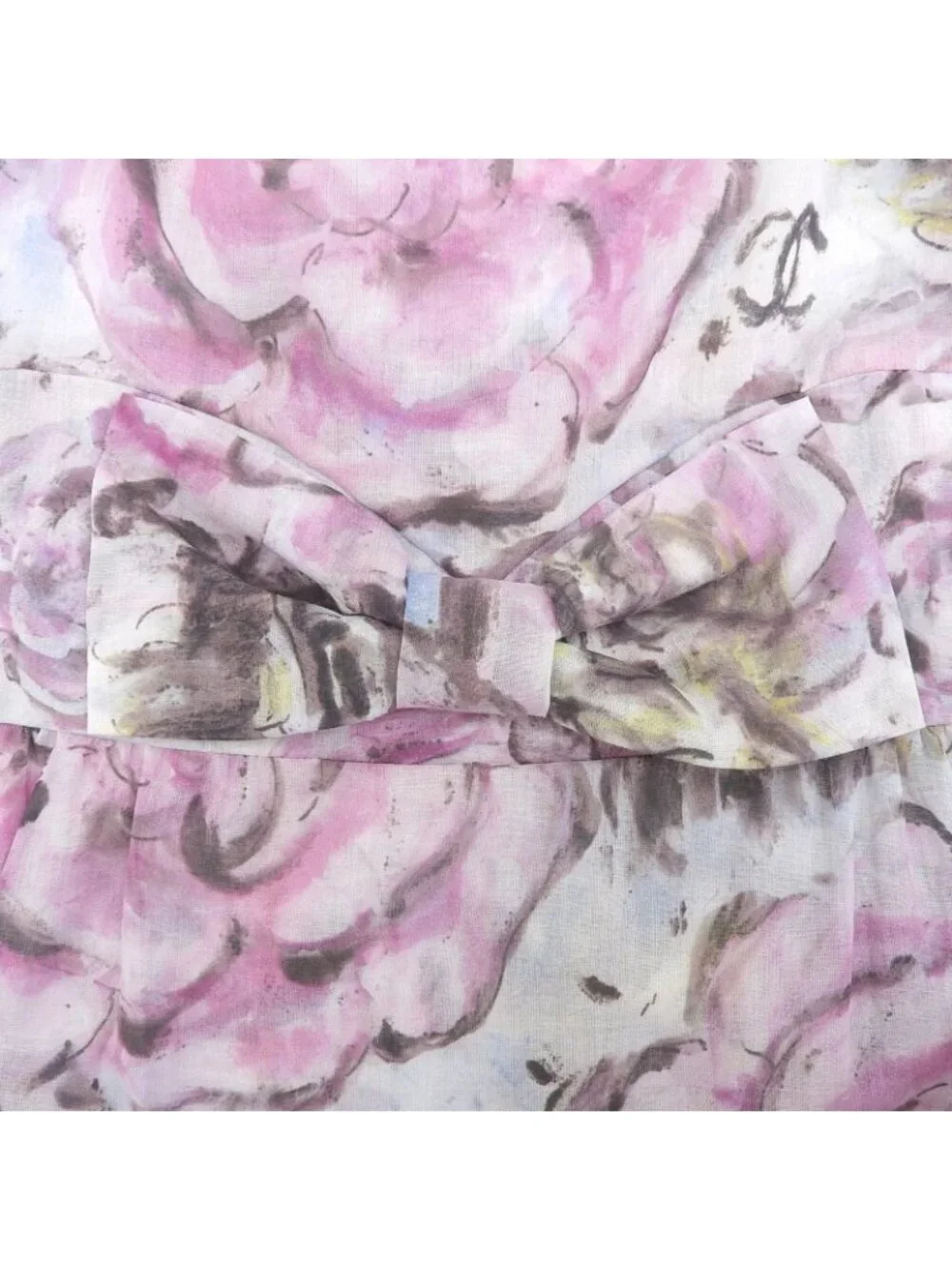 Chanel Cotton 100% CC Logo Camellia Print with Ribbon Dress 34